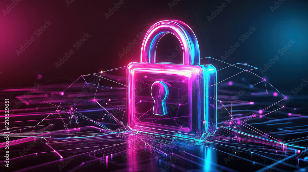 Poster vibrant digital lock symbolizing cybersecurity and data privacy, surrounded by glowing lines and con
