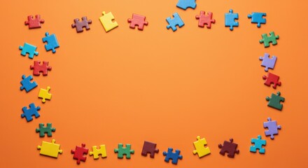 Colorful jigsaw puzzle pieces on orange background forming frame