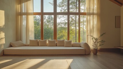Fototapeta premium Sunlight Streams Through A Large Window Onto A Minimalist Beige Daybed, Creating A Calm And Serene Atmosphere.