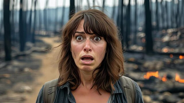 Woman shows fear in burned forest, portraying urgency and emotional response to devastation from wildfire