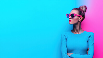 Fototapeta premium stylish woman with sleek ponytail wearing pink sunglasses against vibrant blue and pink