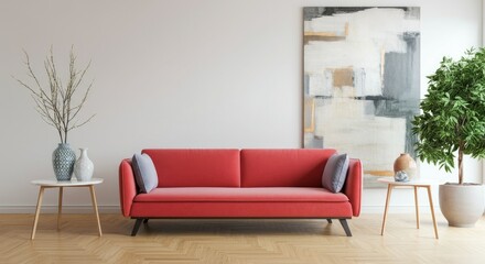 Modern living room with red sofa, minimalist decor