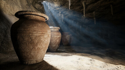 Dusty and Dimly Lit Cave in the Mountains Showcasing Ancient Pots and Natural Light Rays