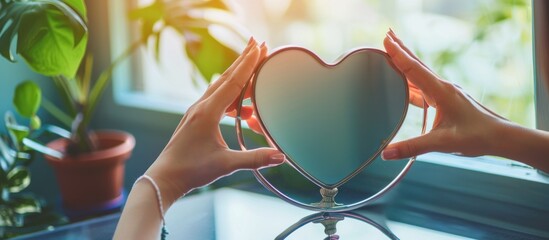 Woman holds heart mirror by window, plants in background, self-love concept