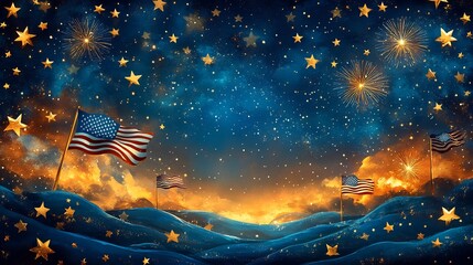 Festive Independence Day 2025 invitation card with colorful fireworks waving flags and patriotic patterns offering a blank text area in the bottom right corner for adding personal greetings