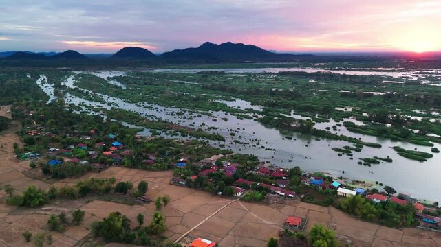 Aerial Laos at sunset of Don det and 4000 island Mekong river