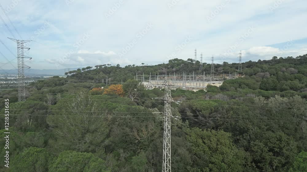 Poster multiple views of an electrical substation nestled within a dense forest, showcasing the juxtapositi