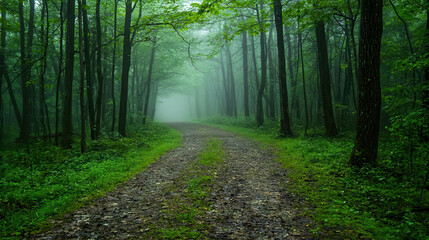 Obraz premium Serene Forest Path Through Foggy Rain with Softly Falling Drops and Lush Greenery