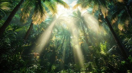 Sun rays in jungle. Dense foliage. Warm lighting for travel or nature scenes
