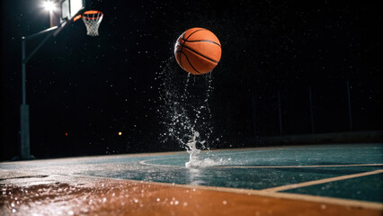 Dynamic shot of basketball bouncing on wet court, creating splashes