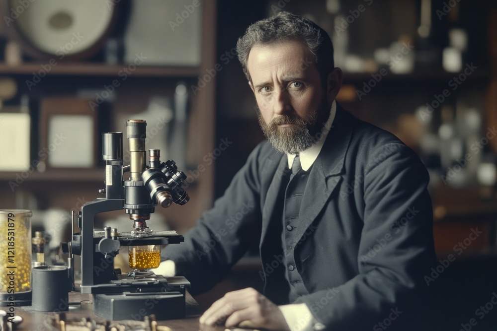 Aufkleber scientist examining samples through a microscope in a vintage laboratory setting