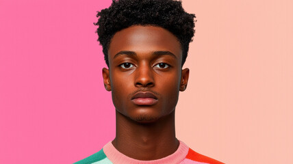 Obraz premium male model with curly hair wearing colorful striped sweater