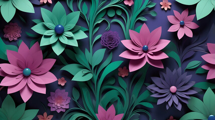 3D Paper Flowers Pattern on Dark Background