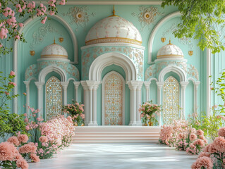 mint green turquoise gold arabian arabic islamic ornament moslem mosque arch 3d peach pink lower floral photo studio backdrop background wallpaper design wall entrance door