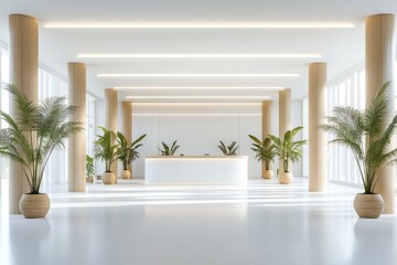 Modern minimalist reception area, bright lobby, sunlight, plants, interior design, corporate office