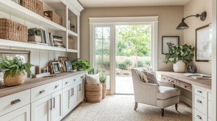 Bright home office with built-in shelves, desk, and French doors leading to a garden.
