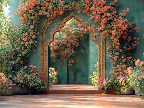 royal green mint turquoise gold arch arabian arabic moslem mosque pink peach flowers vintage retro photo studio backdrop background wallpaper design entrance door hallway alley lane