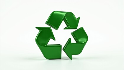 Fototapeta premium Glossy green recycling symbol on a white background.