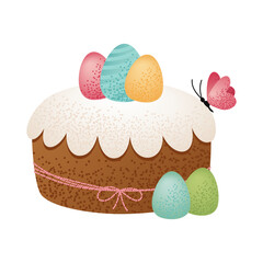 Easter Cake with Speckled Eggs. Holiday Easter dessert with icing, decorated with colorful eggs and a pink butterfly isolated on white background. For greeting card, invitation, poster, print.