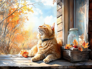  A cat basks in the autumn sunshine on the veranda of a country house. AI generative.