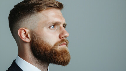 Fototapeta premium man with short Caesar cut and beard, wearing suit, looks thoughtful