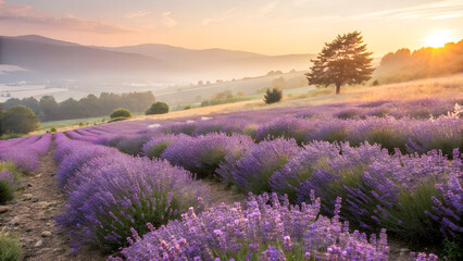 Obraz premium Scenic purple lavender flowers bloom in the summer field landscape at sunrise and sunset