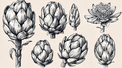 Naklejka premium Artichokes hand drawn vector set
