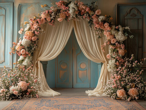 Wedding maternity engagement studio photo arch backdrop banner background with soft green mint turquoise delicate rustic flowers and dreamy romantic curtains blush