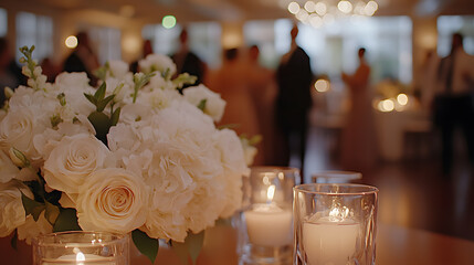 Close-up of elegant white roses and hydrangeas centerpiece at a wedding reception.  Candles glow softly in the foreground, with blurred dancing guests in the background creating a romantic ambiance.