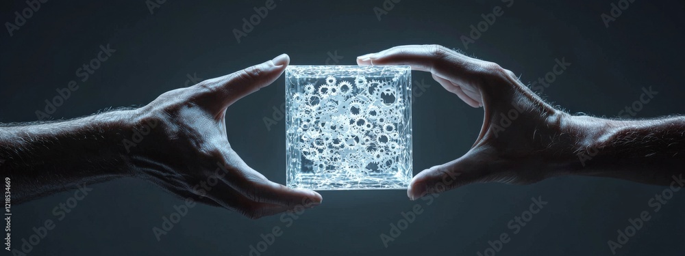 Poster hands holding a transparent cube with intricate gears and gears reflection in a dark environment