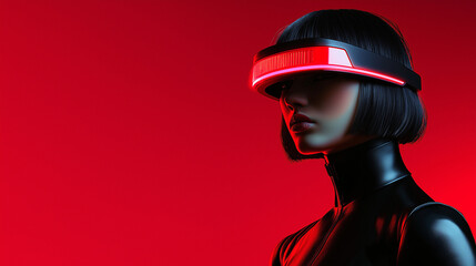 A woman wearing a black outfit and a pair of red goggles