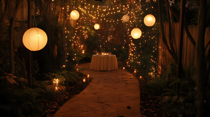 Romantic outdoor dinner setting at night.  String lights and paper lanterns illuminate a stone path leading to a table set for two in a lush garden.