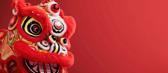 Fototapeta premium Red lion dance costume, close-up, red background, celebration (1)