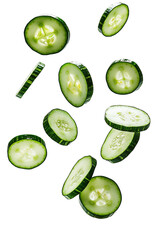 Falling cucumber slice isolated on white background clipping path