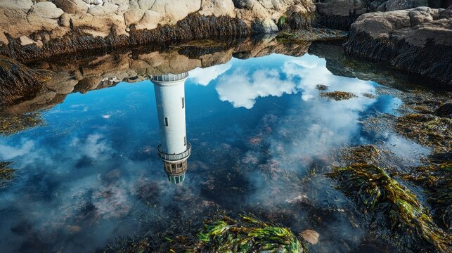 Lighthouse reflection, rocky coast, tide pool, clouds - Powered by Adobe