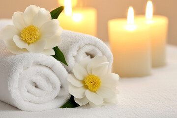 A Serene and Luxurious Spa Room Featuring Soft Ambient Lighting, Calming Aromatherapy Elements, Plush Furnishings, and an Inviting Atmosphere for Ultimate Relaxation