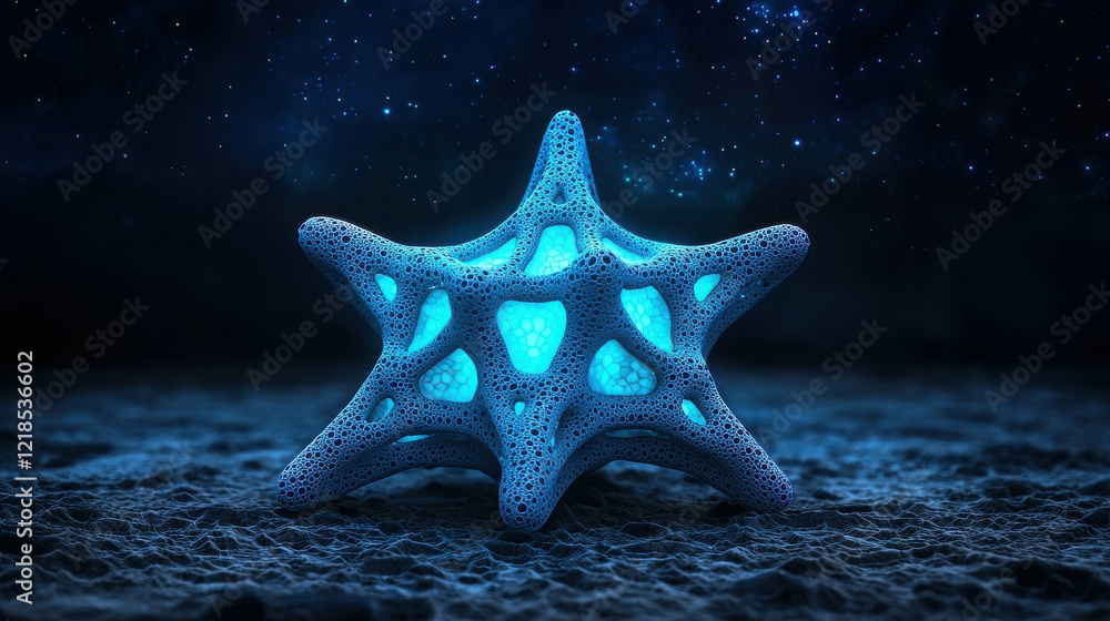 Poster hyper-realistic 3d fractal structure with blue glow in dark cosmic background
