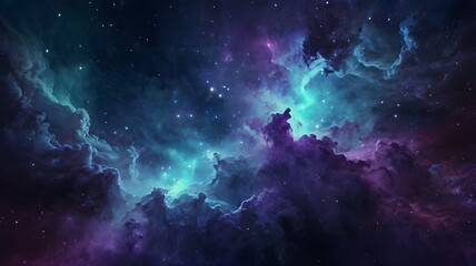 Fototapeta premium Sci-Fi: A mesmerizing abstract background with glowing nebula clouds, starry textures, and futuristic digital elements in deep space-inspired colors like navy, violet, and cyan.