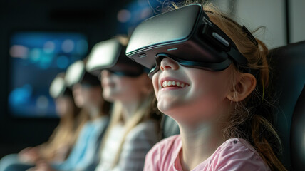 Children enjoying virtual reality gaming experience in classroom setting