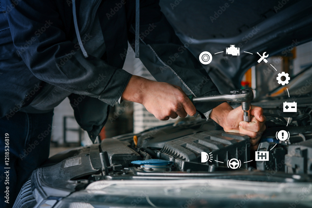 Aufkleber Mechanic using wrench to fix car engine, with virtual automotive icons representing various diagnostics and maintenance services displayed around the image