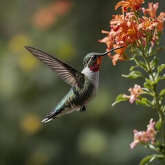 A hummingbird hovering, side-view, full-body, with a blurred floral background.