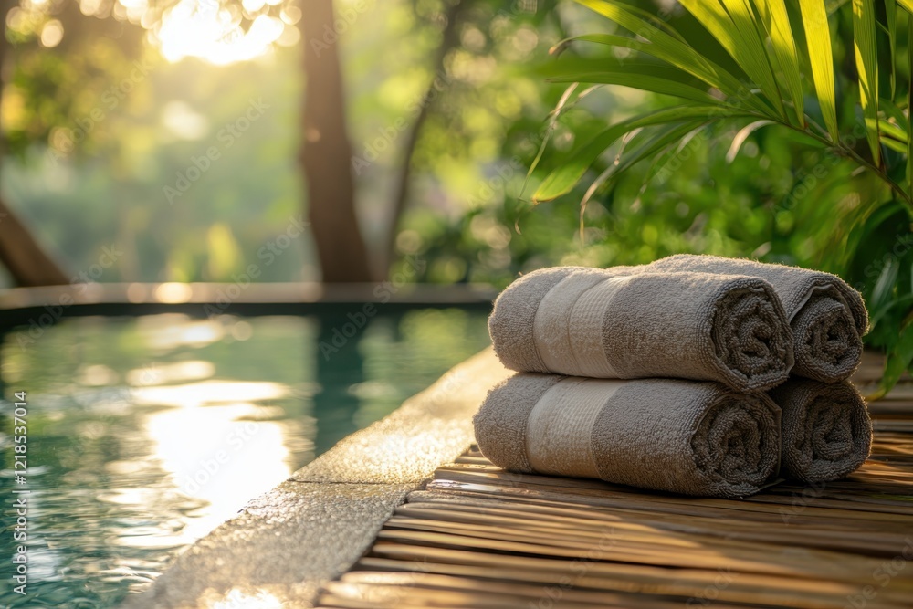 Poster relaxing atmosphere by the pool with neatly stacked towels in a tranquil setting