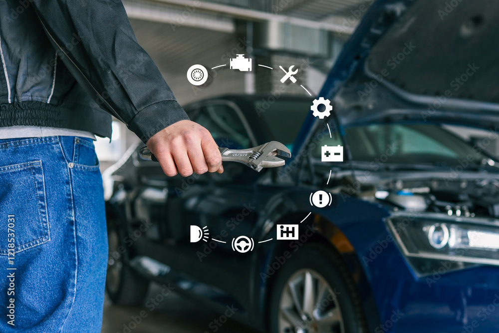 Poster mechanic holding wrench with virtual automotive icons surrounding car in background. the open hood a