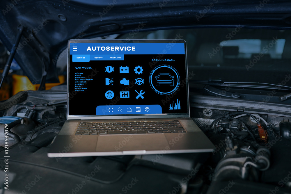 Poster open laptop displaying autoservice diagnostic software on a car engine, representing advanced vehicl