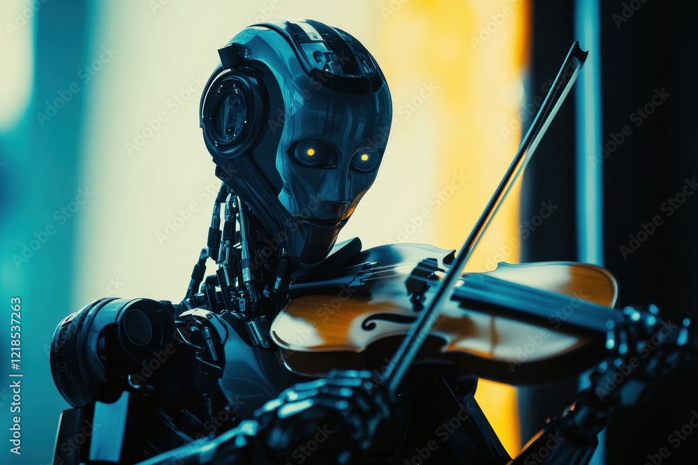 Poster robot playing violin in a futuristic setting with bright lighting