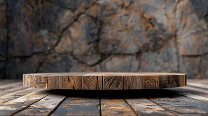 Modern, minimal round wooden podium tray on concrete table counter, palm tree leaf shadow on cement wall background for luxury beauty, cosmetic, organic, nature, health, fashion, food product display