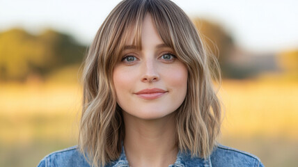 Fototapeta premium woman with curtain bangs and loose waves, wearing denim jacket, smiles warmly natural setting