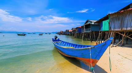 Obraz premium Vibrant Coastal Fishing Community with Stilt Houses and Boats Under Bright Blue Sky