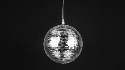 Disco ball suspended against a black background reflecting light during a lively dance party atmosphere
