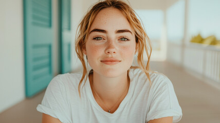 Natural beauty with layered shaggy hairstyle and relaxed expression